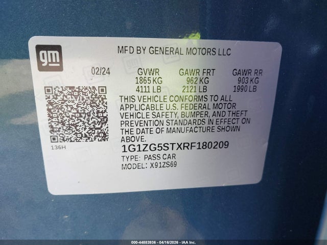 Продаж на аукціоні авто 2024 Chevrolet Malibu Fwd Rs, vin: 1G1ZG5STXRF180209, номер лоту: 44883936
