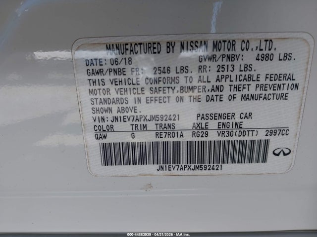 Aukcja sprzedaży 2018 Infiniti Q50 3.0t Luxe, vin: JN1EV7APXJM592421, numer aukcji: 44883939