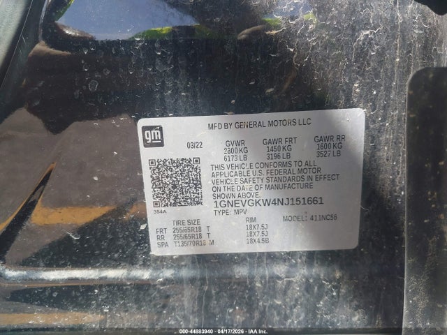 44883940 :رقم المزاد ، 1GNEVGKW4NJ151661 vin ، 2022 Chevrolet Traverse Awd Lt Cloth مزاد بيع