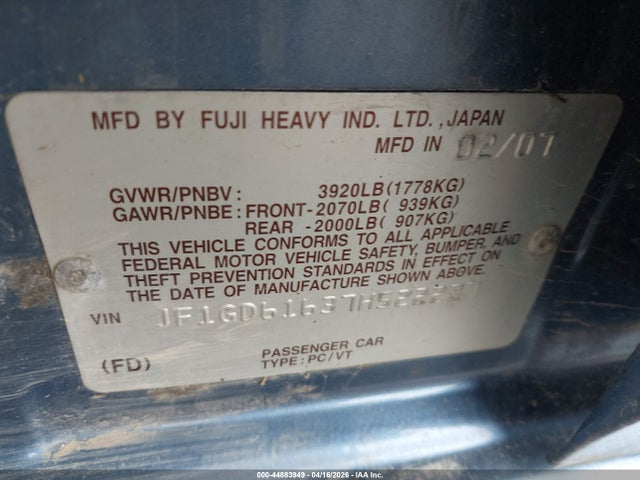 2007 Subaru Impreza 2.5i მანქანა იყიდება აუქციონზე, vin: JF1GD61637H522227, აუქციონის ნომერი: 44883949