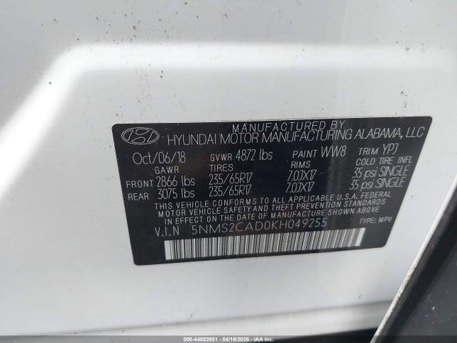 Aukcja sprzedaży 2019 Hyundai Santa Fe Se, vin: 5NMS2CAD0KH049255, numer aukcji: 44883951