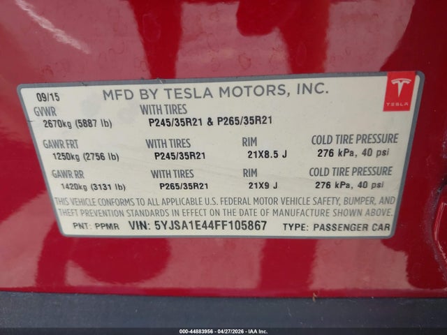 Продаж на аукціоні авто 2015 Tesla Model S 85d/p85d, vin: 5YJSA1E44FF105867, номер лоту: 44883956
