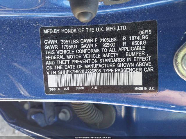 44883959 :رقم المزاد ، SHHFK7H62KU226808 vin ، 2019 Honda Civic Ex مزاد بيع