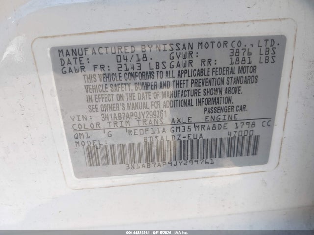 Продажа на аукционе авто 2018 Nissan Sentra Sv, vin: 3N1AB7AP9JY299761, номер лота: 44883961