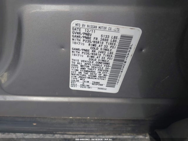 Aukcja sprzedaży 2012 Nissan Murano Sl, vin: JN8AZ1MU6CW107041, numer aukcji: 44883963