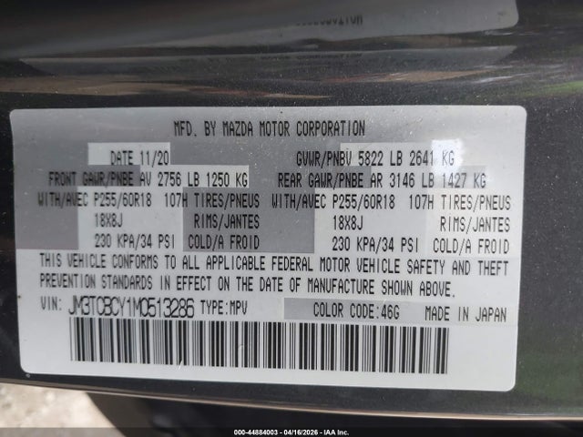 44884003 :رقم المزاد ، JM3TCBCY1M0513286 vin ، 2021 Mazda Cx-9 Touring مزاد بيع