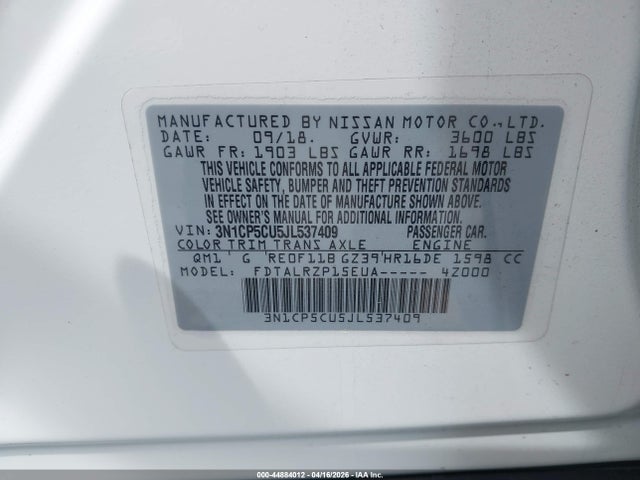 3N1CP5CU5JL537409 Nissan KICKS S