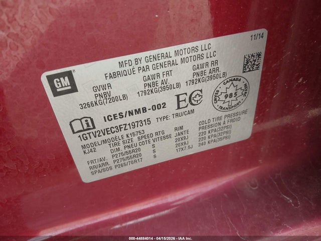 44884014 :رقم المزاد ، 1GTV2VEC3FZ197315 vin ، 2015 Gmc Sierra 1500 Slt مزاد بيع