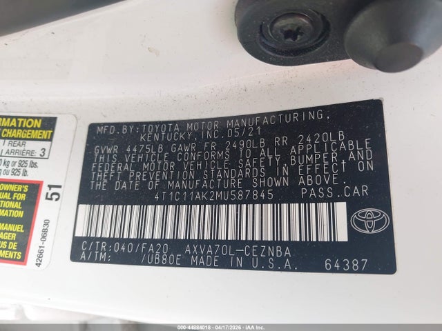 Aukcja sprzedaży 2021 Toyota Camry Le, vin: 4T1C11AK2MU587845, numer aukcji: 44884018