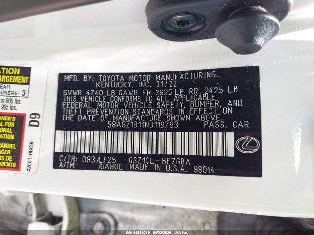 Продаж на аукціоні авто 2022 Lexus Es 350 F Sport, vin: 58AGZ1B11NU119793, номер лоту: 44884019