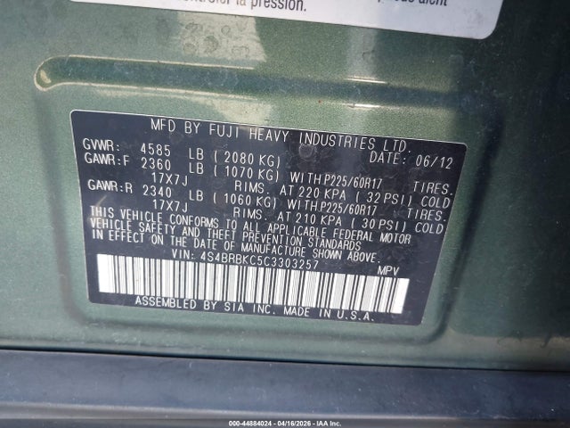 Продажа на аукционе авто 2012 Subaru Outback 2.5i Limited, vin: 4S4BRBKC5C3303257, номер лота: 44884024