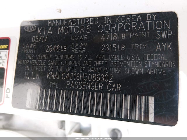 44884029 :رقم المزاد ، KNALC4J16H5086302 vin ، 2017 Kia Cadenza Premium مزاد بيع