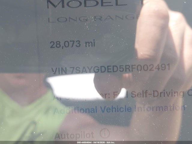 2024 Tesla Model Y Long Range Single Motor Rear-wheel Drive/rwd მანქანა იყიდება აუქციონზე, vin: 7SAYGDED5RF002491, აუქციონის ნომერი: 44884044