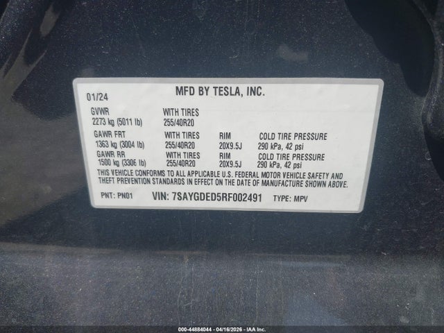 2024 Tesla Model Y Long Range Single Motor Rear-wheel Drive/rwd მანქანა იყიდება აუქციონზე, vin: 7SAYGDED5RF002491, აუქციონის ნომერი: 44884044