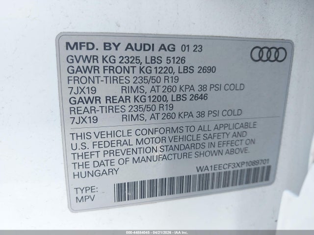 Продаж на аукціоні авто 2023 Audi Q3 Premium Plus 45 Tfsi S Line Quattro Tiptronic, vin: WA1EECF3XP1089701, номер лоту: 44884045