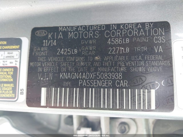 Aukcja sprzedaży 2015 Kia Optima Hybrid Ex, vin: KNAGN4ADXF5083938, numer aukcji: 44884059