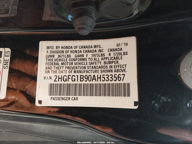Продажа на аукционе авто 2010 Honda Civic Ex-l, vin: 2HGFG1B90AH533567, номер лота: 44884062