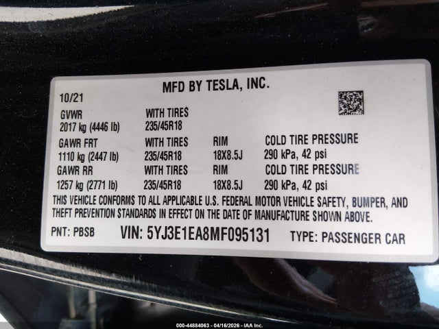 44884063 :رقم المزاد ، 5YJ3E1EA8MF095131 vin ، 2021 Tesla Model 3 مزاد بيع