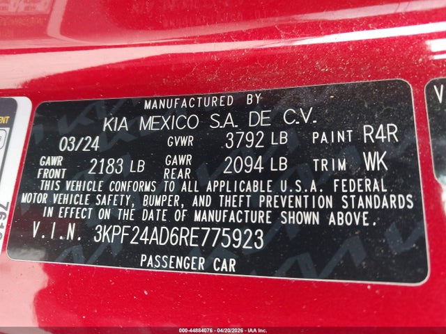 Aukcja sprzedaży 2024 Kia Forte Lx/lxs, vin: 3KPF24AD6RE775923, numer aukcji: 44884076