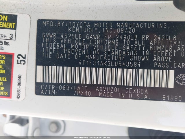 Продаж на аукціоні авто 2020 Toyota Camry Xle Hybrid, vin: 4T1F31AK3LU543584, номер лоту: 44884077