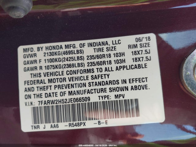 2018 Honda Cr-v Ex მანქანა იყიდება აუქციონზე, vin: 7FARW2H52JE066509, აუქციონის ნომერი: 44884080