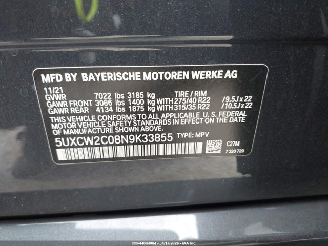 44884084 :رقم المزاد ، 5UXCW2C08N9K33855 vin ، 2022 Bmw X7 Xdrive40i مزاد بيع