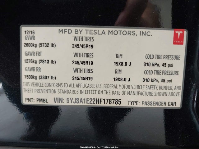 Продаж на аукціоні авто 2017 Tesla Model S 100d/60d/75d/90d/p100d, vin: 5YJSA1E22HF178785, номер лоту: 44884089