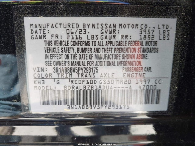 2023 Nissan Sentra S Xtronic Cvt მანქანა იყიდება აუქციონზე, vin: 3N1AB8BV5PY293175, აუქციონის ნომერი: 44884115