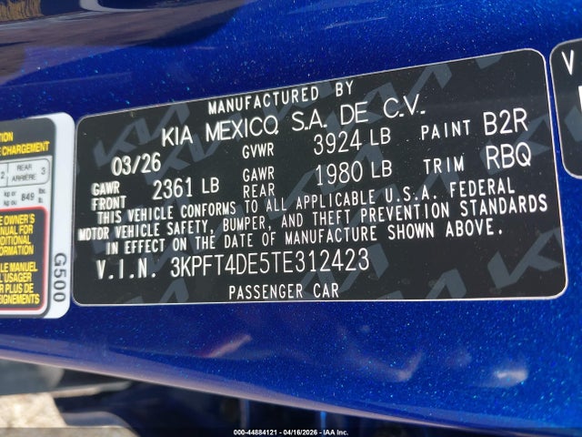 44884121 :رقم المزاد ، 3KPFT4DE5TE312423 vin ، 2026 Kia K4 Lxs مزاد بيع