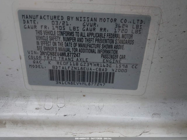 Продаж на аукціоні авто 2021 Nissan Versa Sv Xtronic Cvt, vin: 3N1CN8EV4ML877247, номер лоту: 44884133
