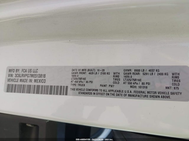 Продаж на аукціоні авто 2021 Ram Promaster 2500 Window Van High Roof 159 Wb, vin: 3C6LRVPG7ME513818, номер лоту: 44884159