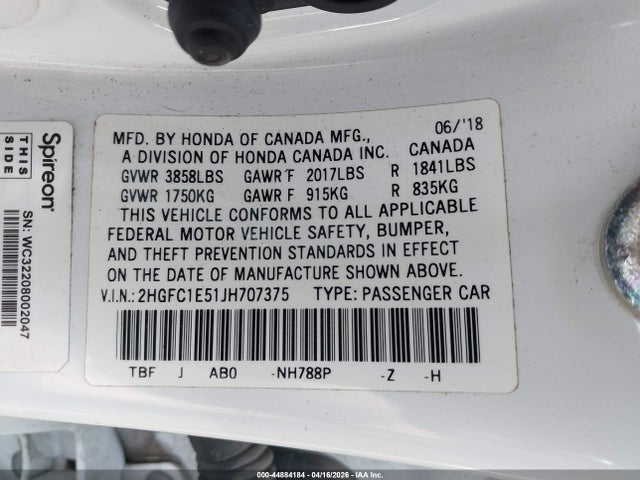 44884184 :رقم المزاد ، 2HGFC1E51JH707375 vin ، 2018 Honda Civic Si مزاد بيع