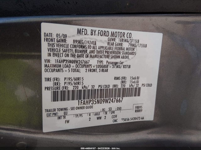 44884187 :رقم المزاد ، 1FAHP35N09W247667 vin ، 2009 Ford Focus Se مزاد بيع