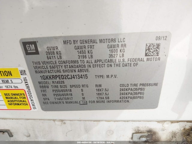 Продаж на аукціоні авто 2012 Gmc Acadia Sle, vin: 1GKKRPED2CJ413415, номер лоту: 44884198