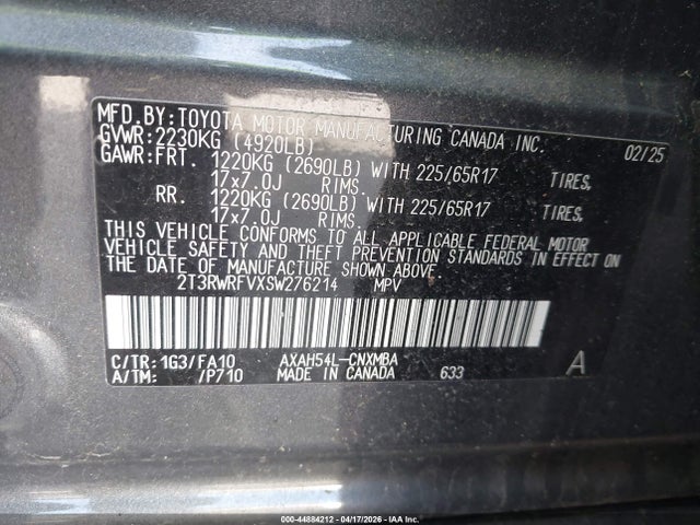 Auction sale of the 2025 Toyota Rav4 Hybrid Xle, vin: 2T3RWRFVXSW276214, lot number: 44884212
