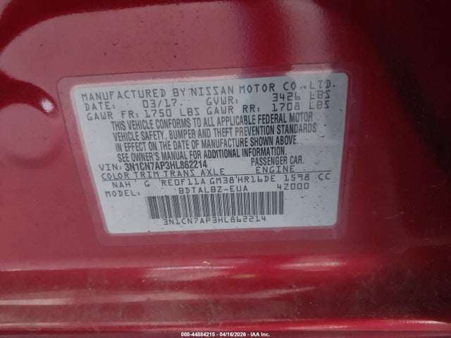 Aukcja sprzedaży 2017 Nissan Versa 1.6 Sv, vin: 3N1CN7AP3HL862214, numer aukcji: 44884215