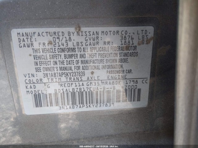 Aukcja sprzedaży 2019 Nissan Sentra S, vin: 3N1AB7AP5KY237839, numer aukcji: 44884217