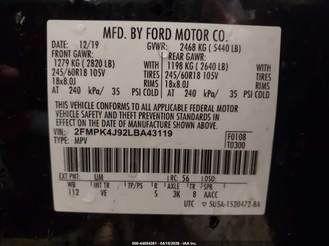 44884261 :رقم المزاد ، 2FMPK4J92LBA43119 vin ، 2020 Ford Edge Sel مزاد بيع