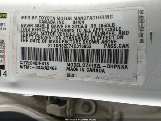 44884278 :رقم المزاد ، 2T1KR32E74C316953 vin ، 2004 Toyota Matrix Xr مزاد بيع