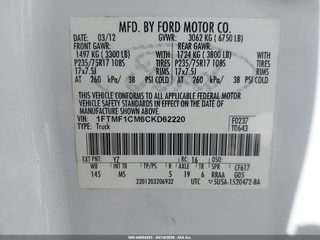 Aukcja sprzedaży 2012 Ford F-150 Xlt, vin: 1FTMF1CM6CKD62220, numer aukcji: 44884293