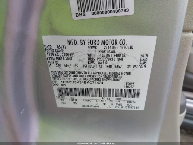 Aukcja sprzedaży 2011 Ford Escape Hybrid, vin: 1FMCU5K34BKC71474, numer aukcji: 44884296