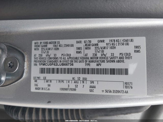 Aukcja sprzedaży 2020 Ford Escape S, vin: 1FMCU0F62LUB66736, numer aukcji: 44884309