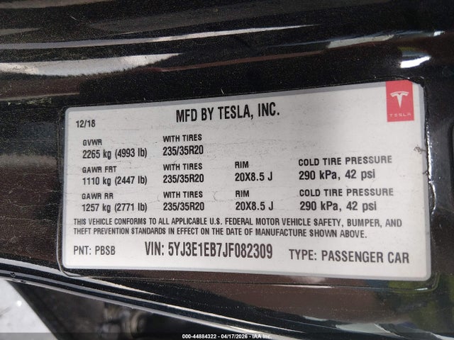 Продаж на аукціоні авто 2018 Tesla Model 3 Long Range/performance, vin: 5YJ3E1EB7JF082309, номер лоту: 44884322