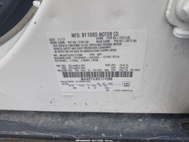 44884323 :رقم المزاد ، MAJ6P1SL8JC174388 vin ، 2018 Ford Ecosport S مزاد بيع