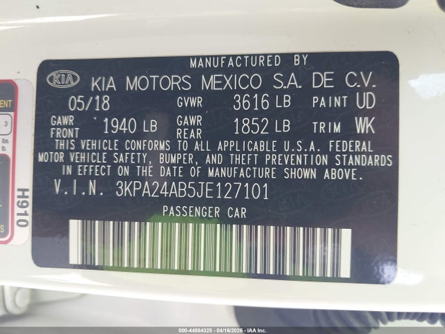 Продаж на аукціоні авто 2018 Kia Rio Lx, vin: 3KPA24AB5JE127101, номер лоту: 44884325