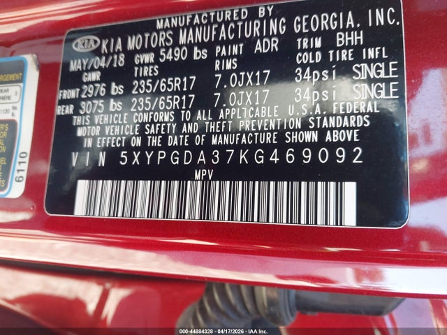 44884328 :رقم المزاد ، 5XYPGDA37KG469092 vin ، 2019 Kia Sorento 2.4l Lx مزاد بيع