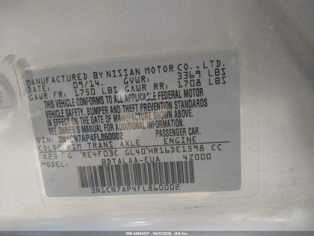 Aukcja sprzedaży 2015 Nissan Versa 1.6 S, vin: 3N1CN7AP4FL860002, numer aukcji: 44884337