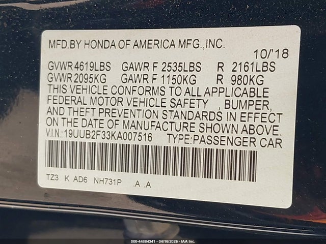 Aukcja sprzedaży 2019 Acura Tlx Standard, vin: 19UUB2F33KA007516, numer aukcji: 44884341