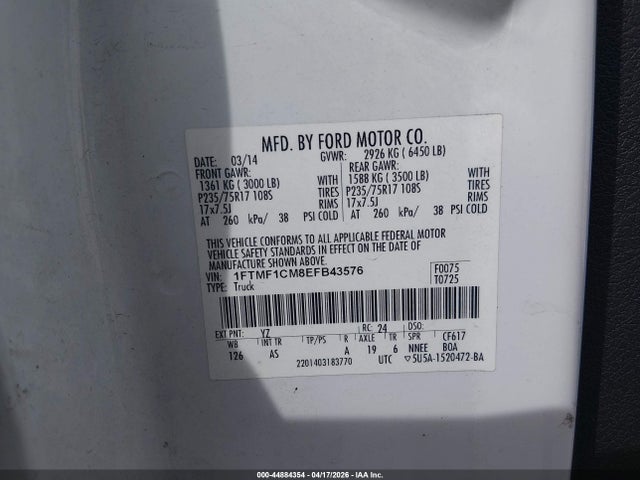 Продажа на аукционе авто 2014 Ford F-150 Xl, vin: 1FTMF1CM8EFB43576, номер лота: 44884354