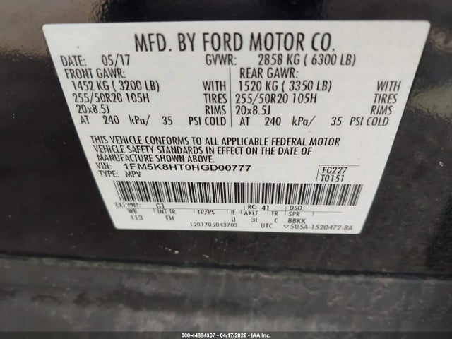 Aukcja sprzedaży 2017 Ford Explorer Platinum, vin: 1FM5K8HT0HGD00777, numer aukcji: 44884367